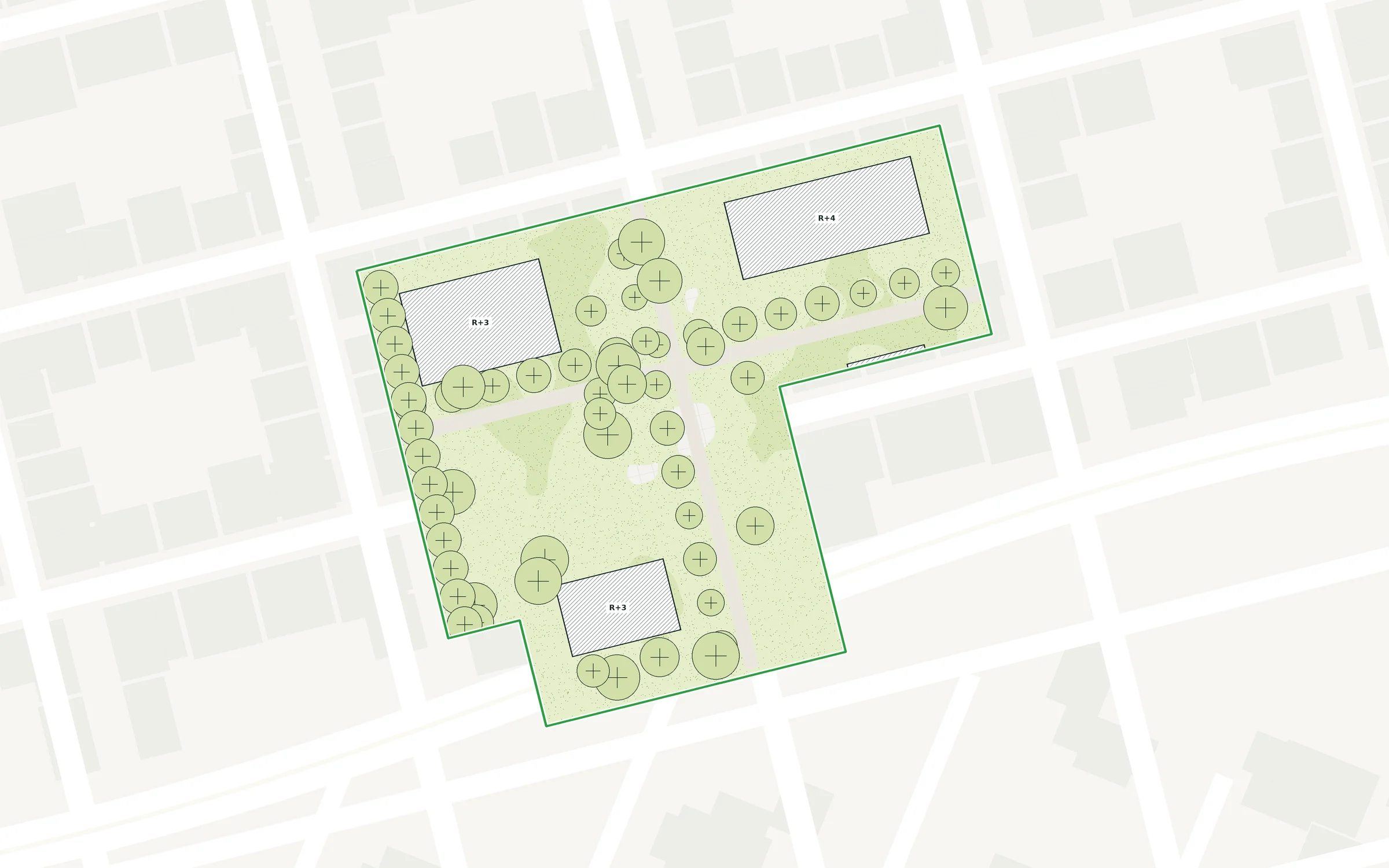 Plan de masse importé : bâtiments projetés, arbres et surfaces végétalisées