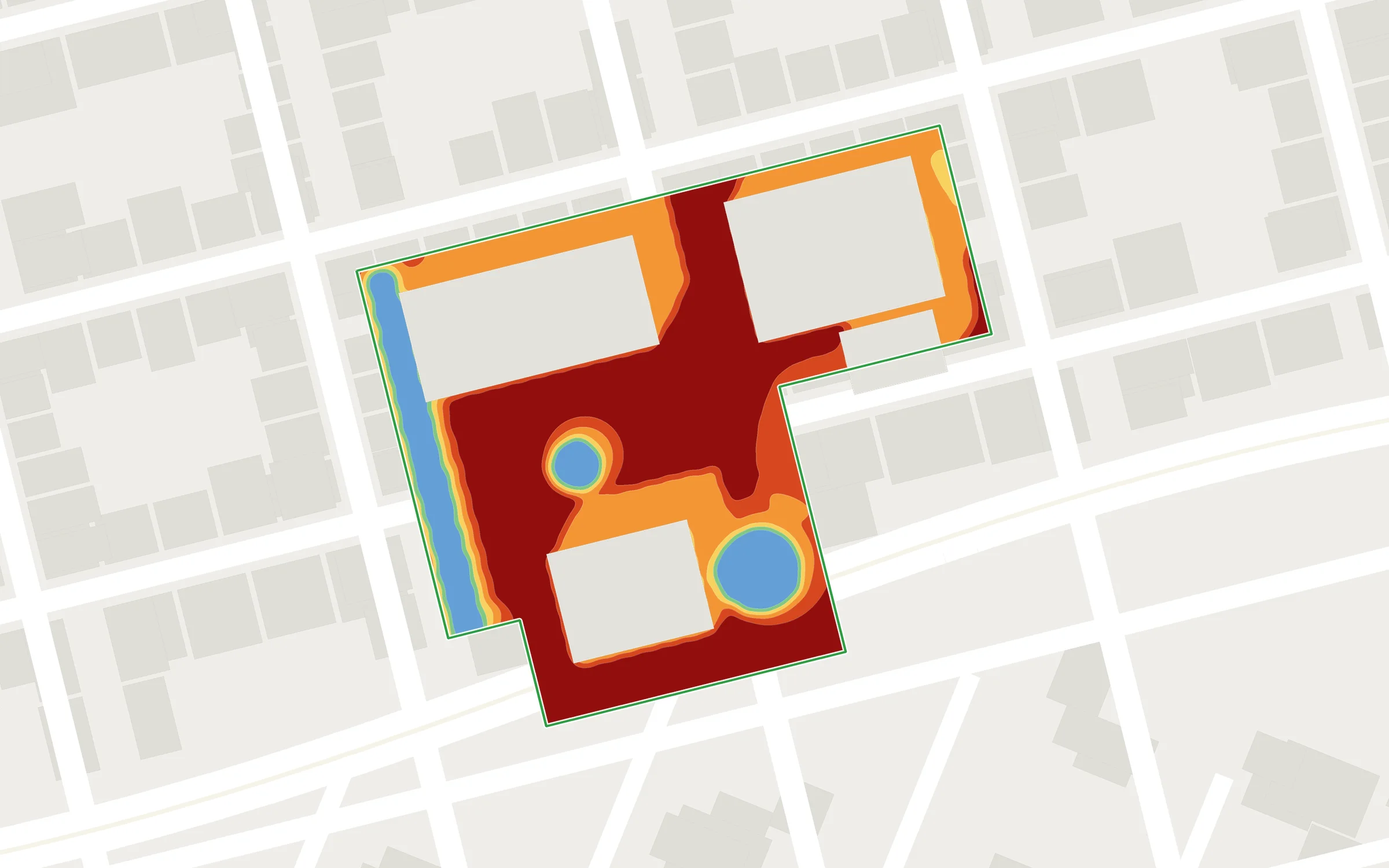 Carte de température ressentie de l'état initial d'un site, avec trois secteurs sensibles signalés