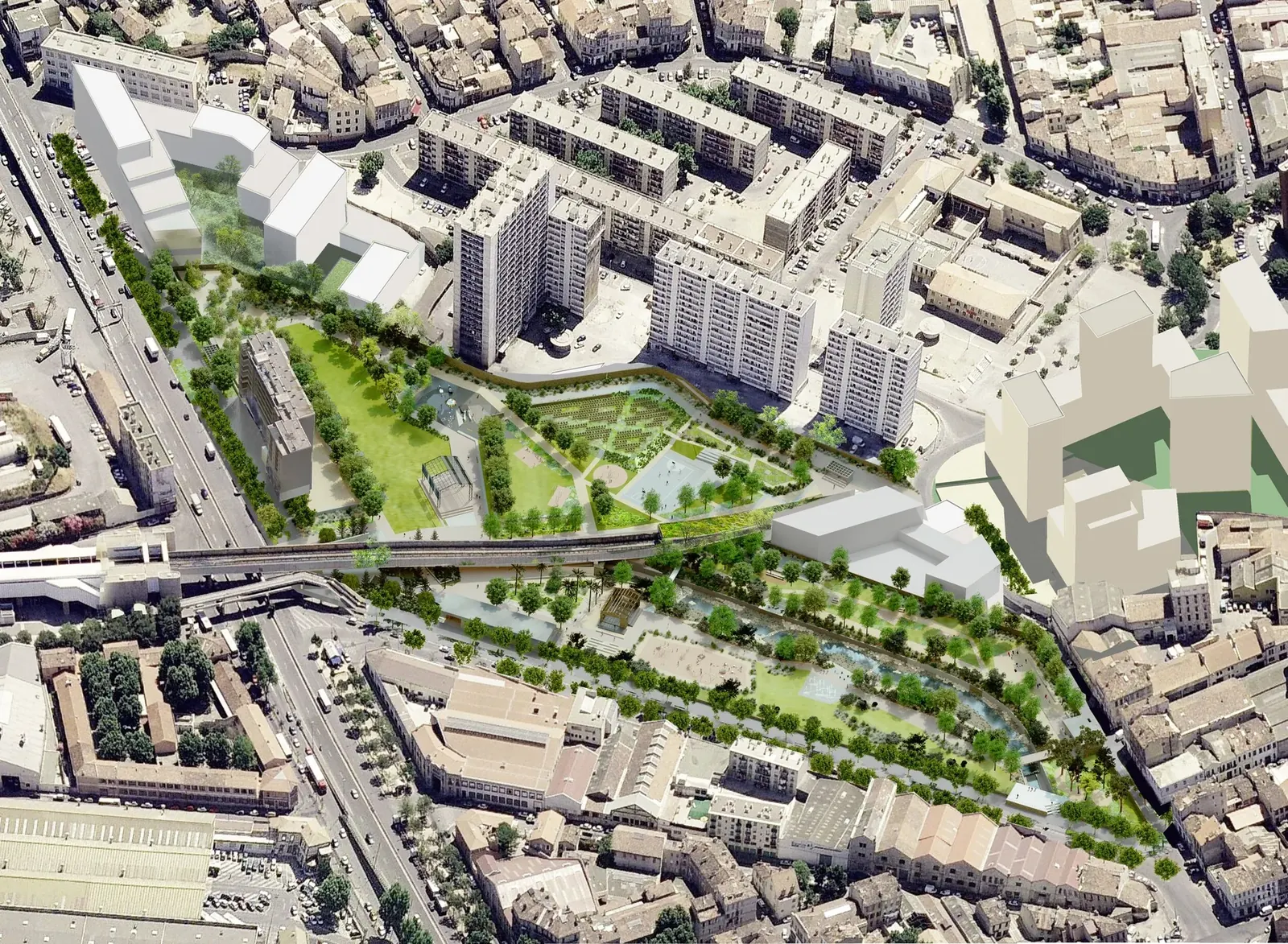 Vue aérienne du projet de parc Bougainville à Marseille, coulée verte au cœur du quartier