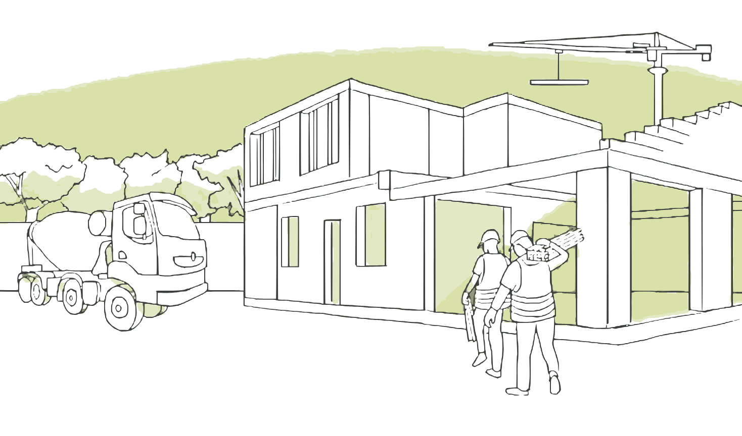 Dessin d'un chantier de construction avec une bétonnière et deux ouvriers devant un bâtiment en cours