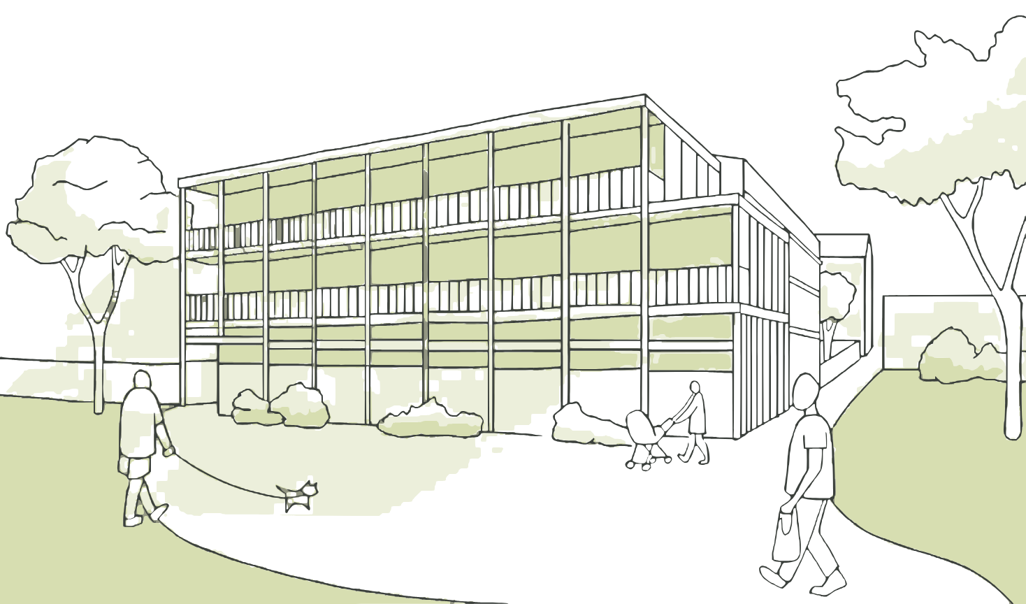Dessin d'une résidence avec jardin et habitants
